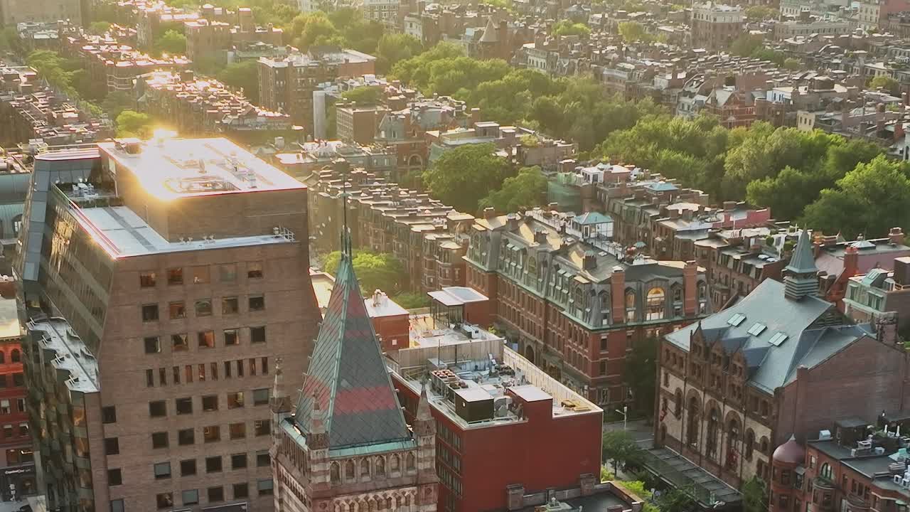 Aerial view of urban landscape in USA during evening hours