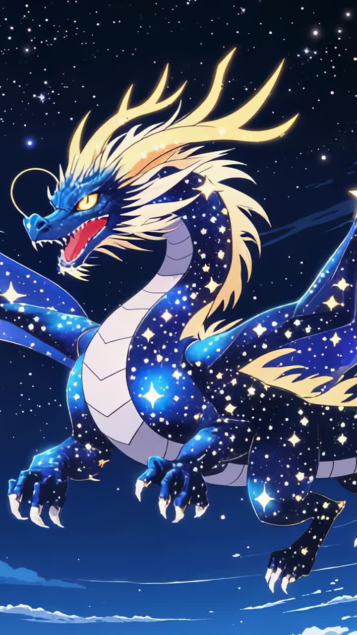 Vertical video: Playback starting stylized cosmic dragon hovering in starry sky showing gold frills