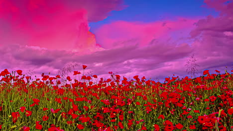 Zeitraffer-Des-Blühenden-Mohnblumenfeldes-Mit-Rosa-Und-Violetten-Wolken-Am-Himmel