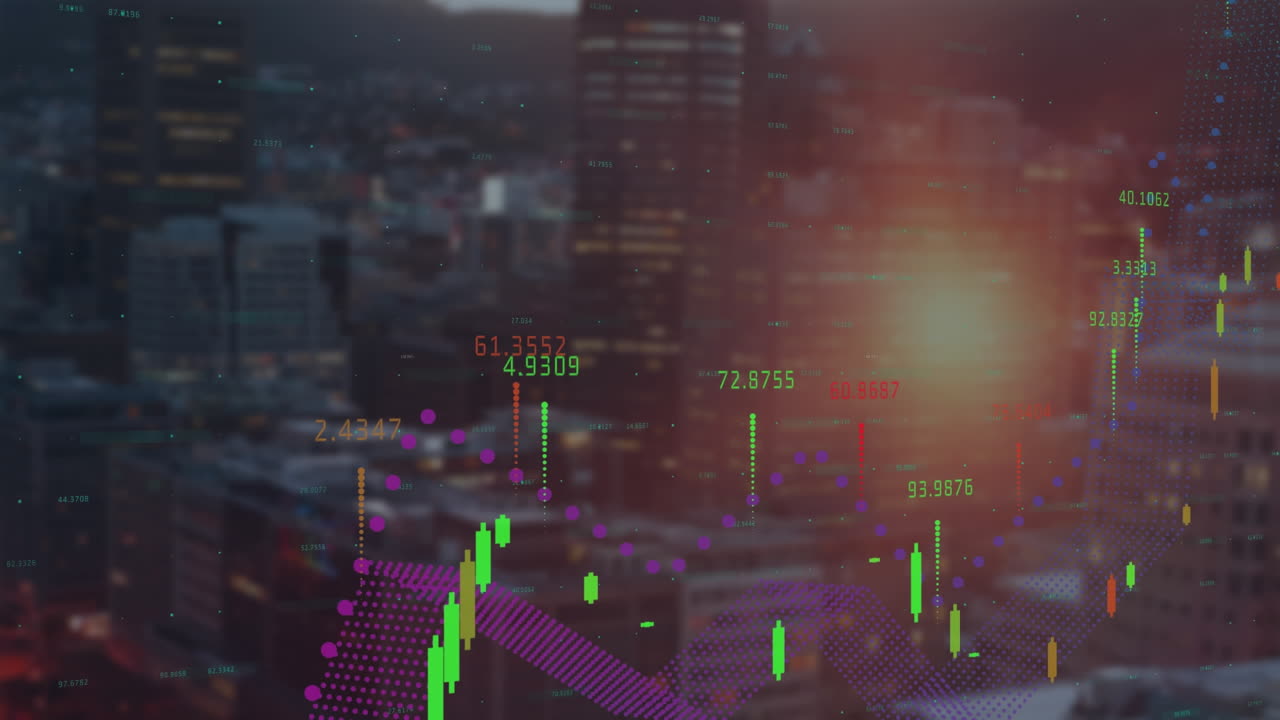 animación del procesamiento de datos financieros y punto de luz contra la vista aérea del paisaje urbano.