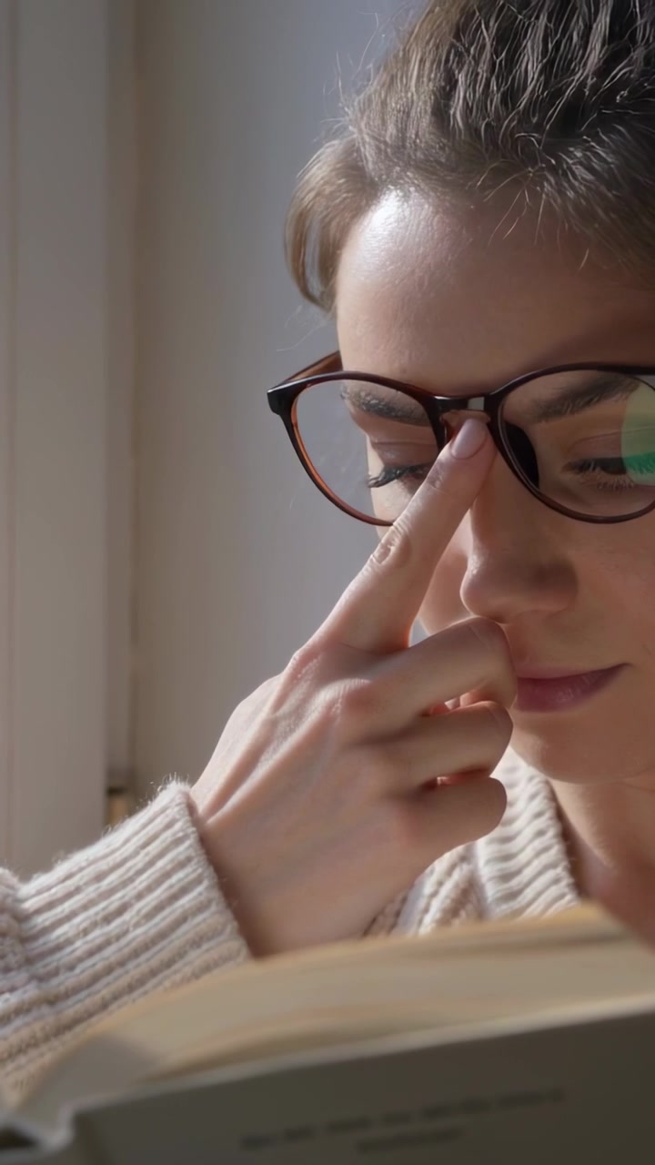 Video verticale: Una donna sistema gli occhiali che le scivolano, vicino a una finestra, tiene un libro e indossa un maglione color crema.