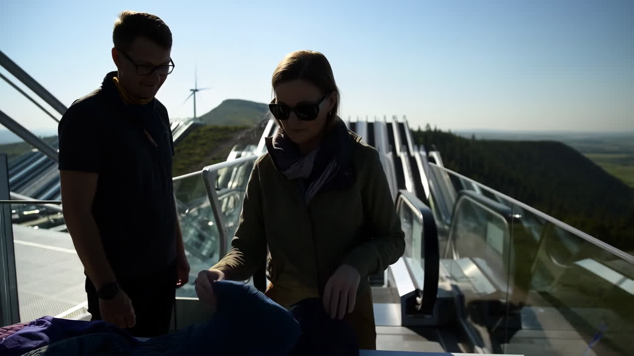 People exploring a modern viewing platform with outdoor escalators and a wind turbine in the distance