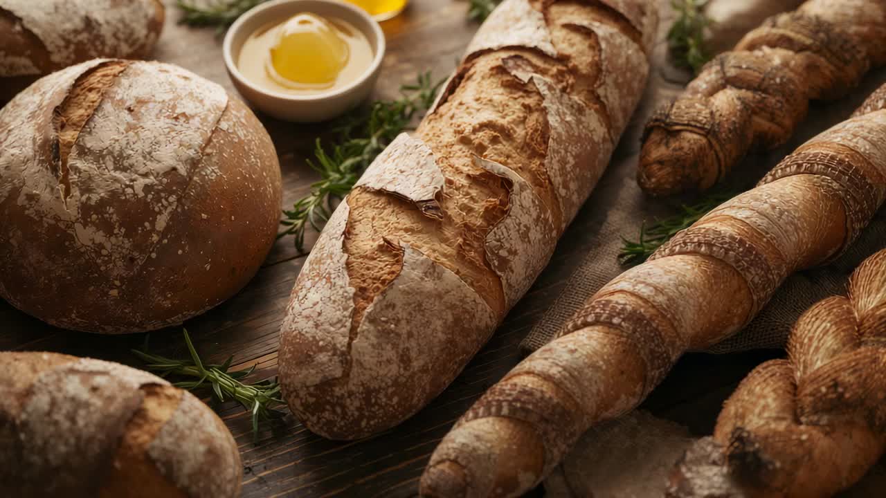 Carrellata che rivela una baguette centrale incisa su un tavolo rustico, mettendo in risalto la crosta e le trecce