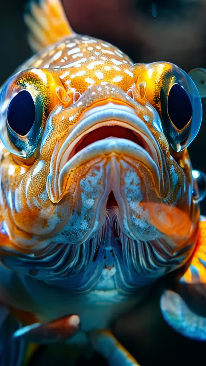 Colorful Tropical Fish Swimming in Coral Reef Environment. A vibrant tropical fish swims gracefully among the coral, showcasing bright colors and intricate patterns. Vertical video