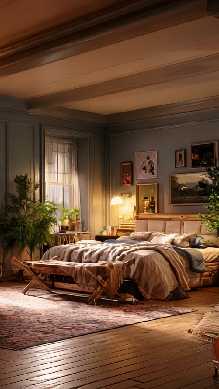 Cozy Bedroom with Soft Lighting and Inviting Decor Featuring Plants, Warm Textiles, and Artistic Touches Creating a Relaxed Atmosphere for Rest and Comfort
