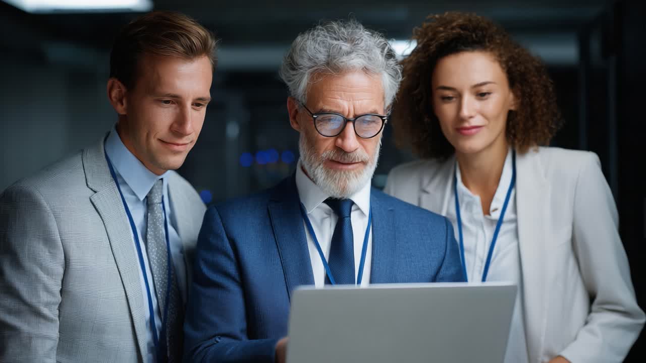 Three Professionals Collaborating in an Office Setting, Engaged with a Laptop During a Meeting, Demonstrating Teamwork and Innovation in a Modern Workspace