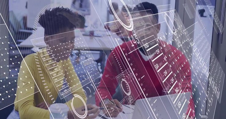 African American Business Professionals Analyzing Data with Digital Overlay