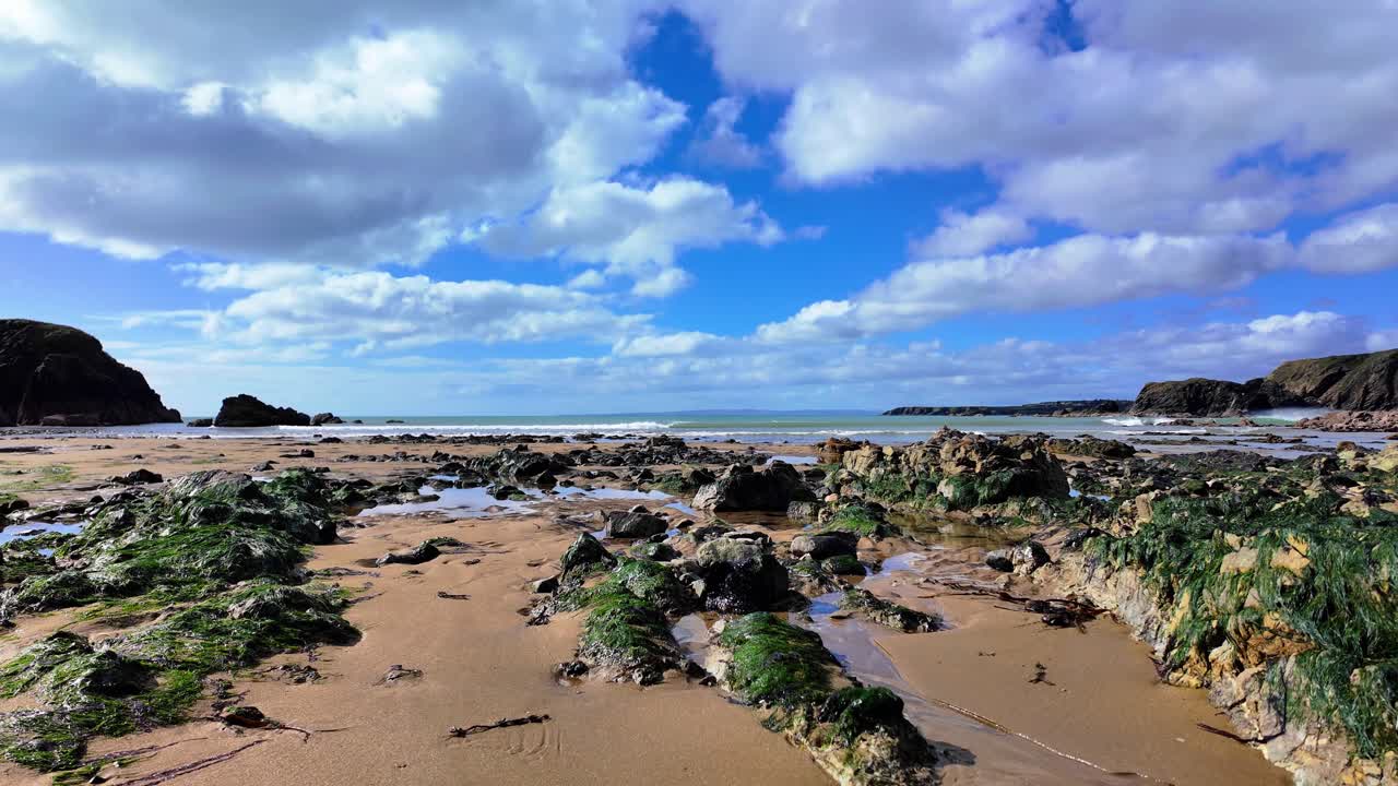 Ireland Epic Locations tide out on sandy beach with green sea weed on rocks Annestown Copper Coast Waterfode
