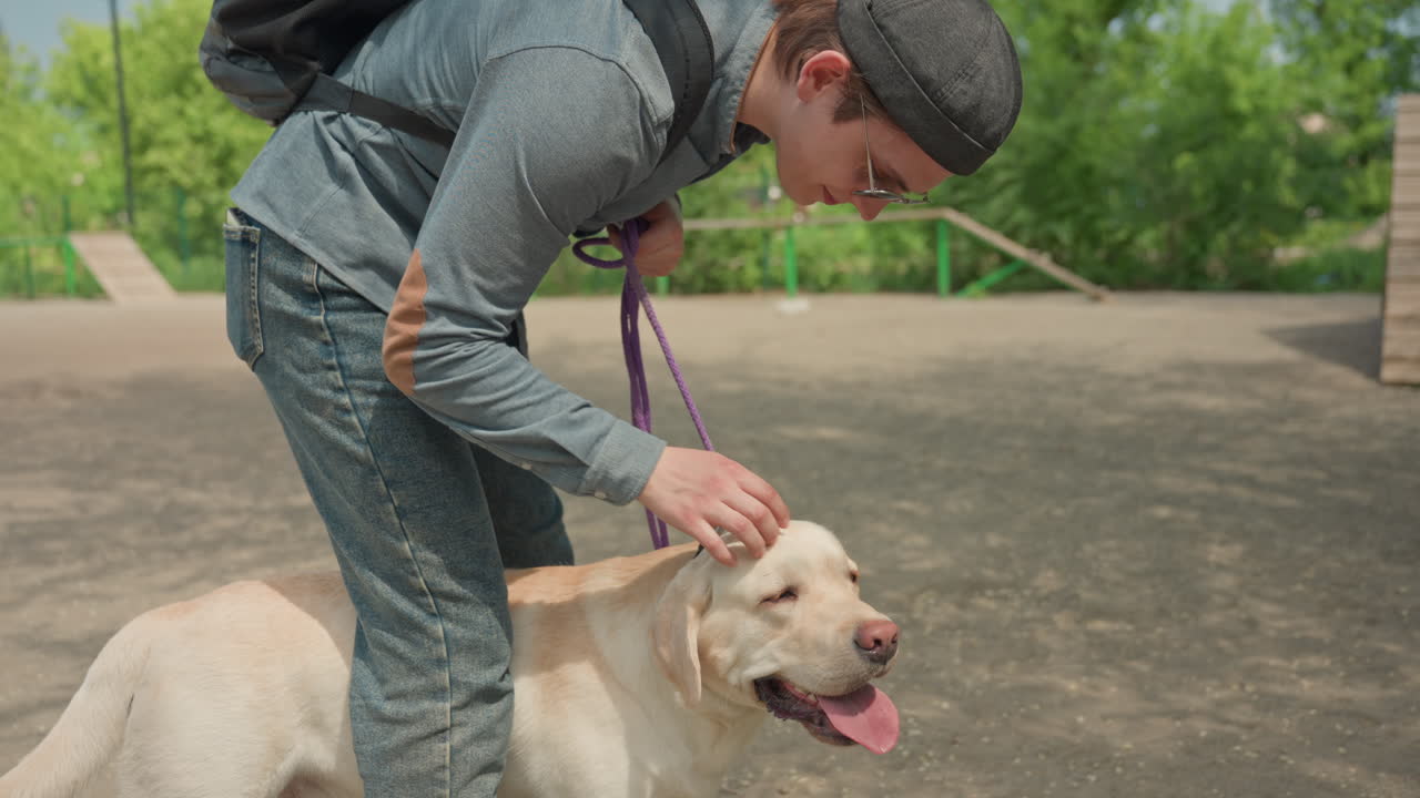 젊은 남자가 래브라도를 데리고 야외로 나가, 햇볕이 좋은 야외에서 젊은이가 래브라도에게 훈련을 지도하고, 젊은 사람이 활기찬 스케이트 공원 환경에서 수신호를 사용하여 래브라도를 주의 깊게 관리해요