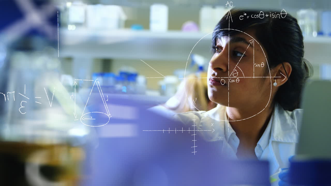 Animation of scientific data processing over biracial female scientist