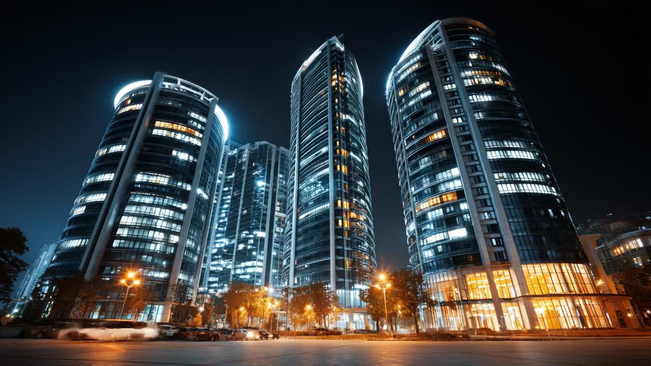 Arranha-céus Modernos Iluminados à Noite: Uma Vista Cativante de Designs Arquitetónicos com Estruturas Imponentes, Iluminação Dinâmica e Ambiente Urbano no Coração da Cidade