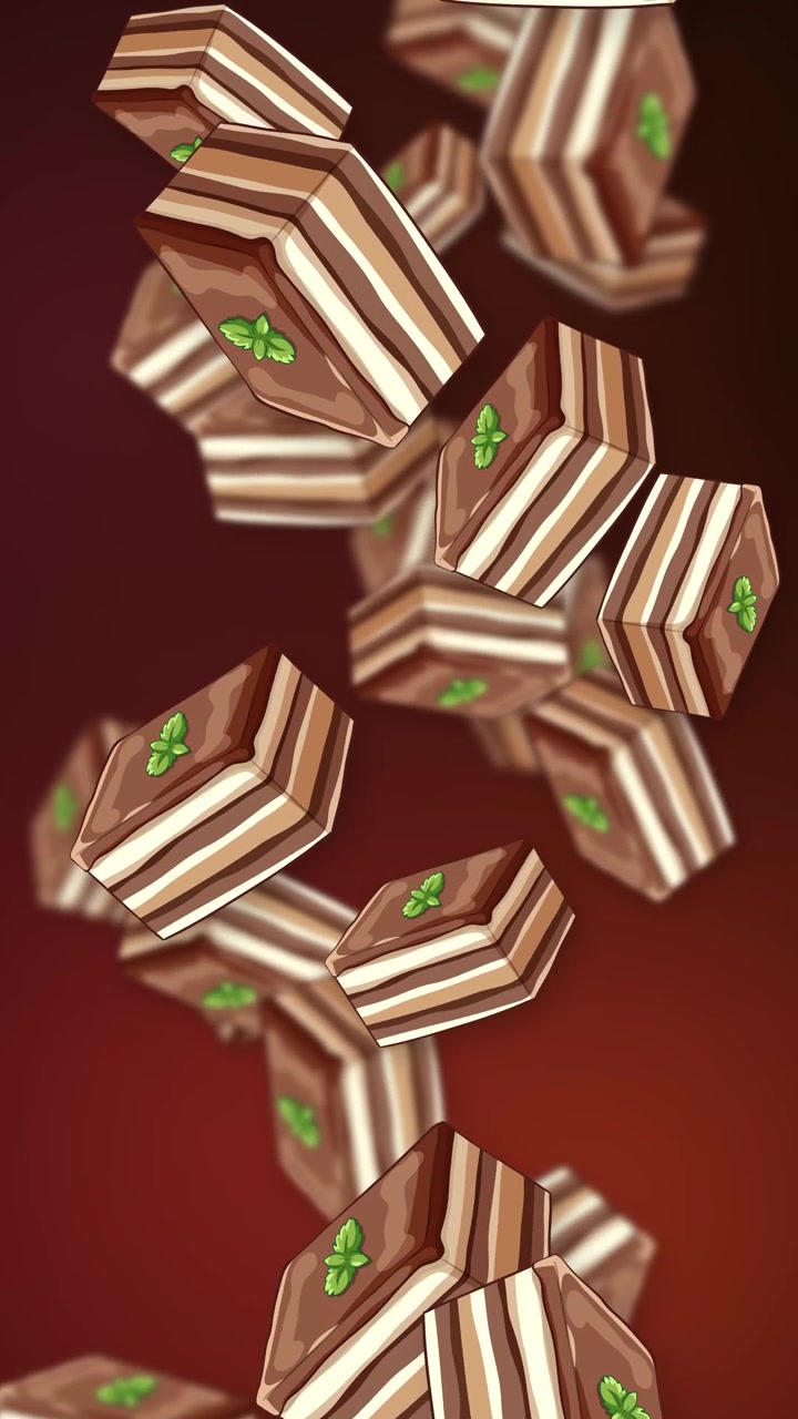 Fette stilizzate di dessert al cioccolato a strati con foglie di menta cadono attraverso uno sfondo sfumato rosso scuro