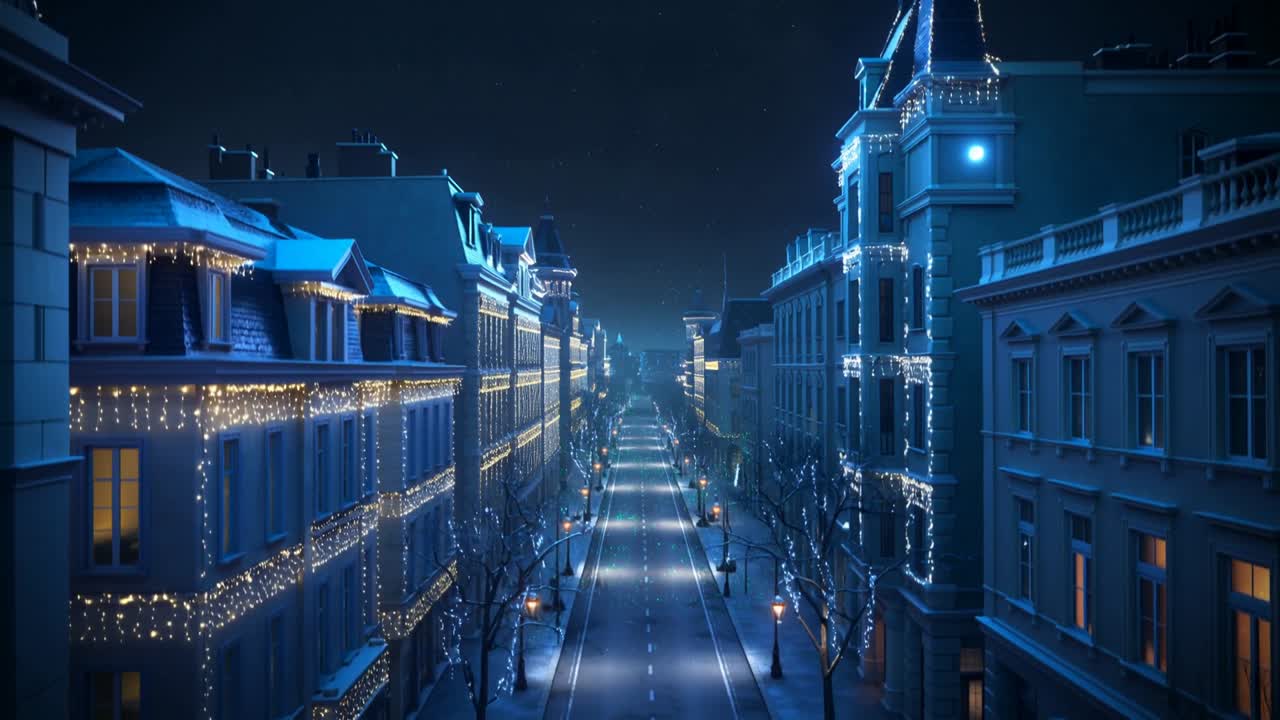 Frame four causing string lights glowing on trees lining city avenue at night for festive corridor