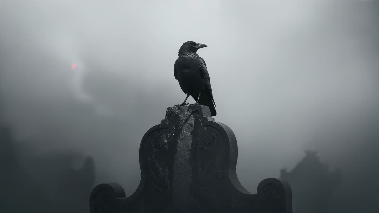 Fog thickening in cemetery, crow scanning gravestone, turning head and pecking crevice seeking food