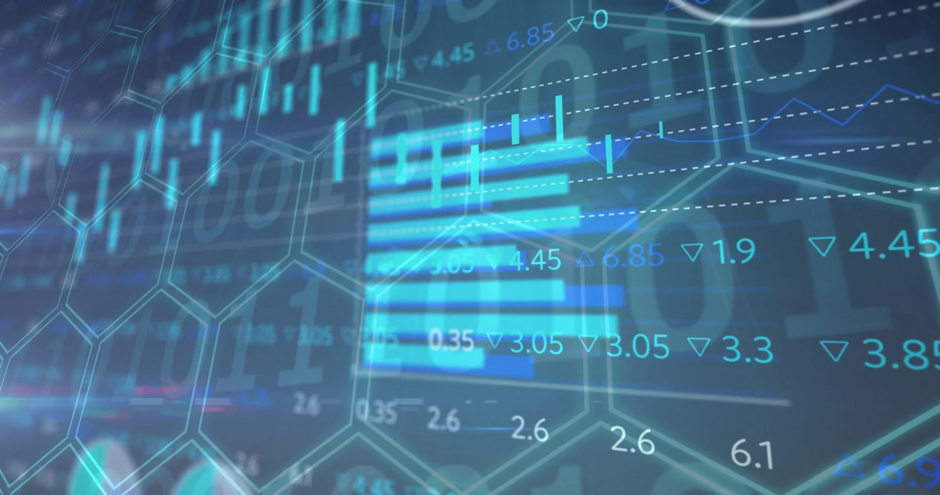 Flat hex grid visualizing financial analytics, showing cyan bars, line chart with trend arrows