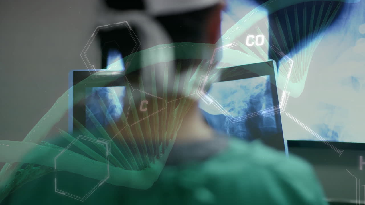 Animação de processamento de dados sobre uma cirurgiã asiática em um hospital
