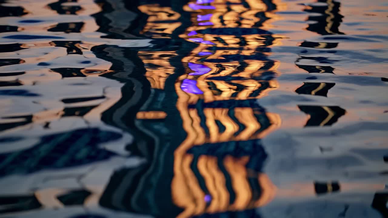 Orange and purple lights reflecting on gently rippling water create a mesmerizing abstract pattern, showcasing the interplay of light and motion
