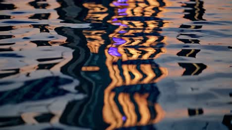 orange and purple lights reflecting on gently rippling water create a mesmerizing abstract pattern, showcasing the interplay of light and motion