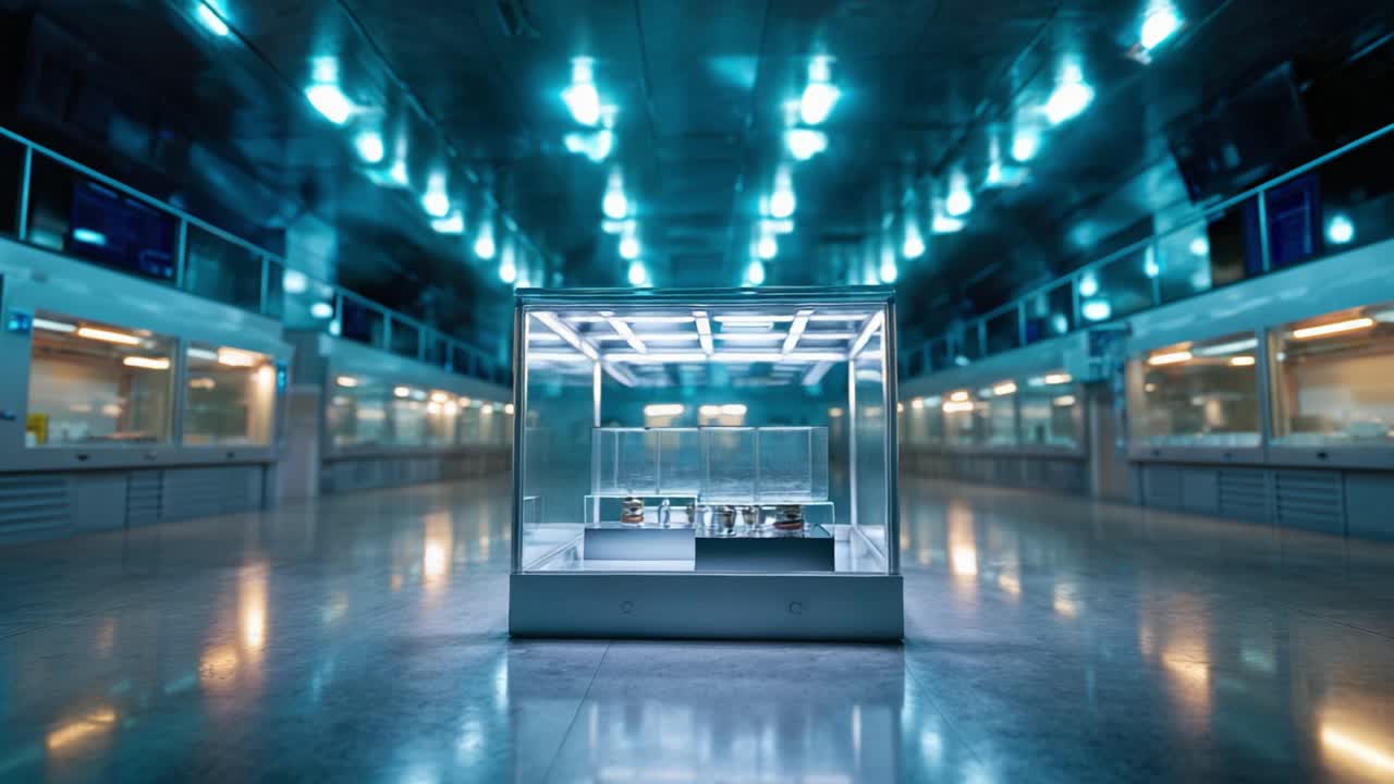 Beleuchtete Vitrine in einem modernen Raum, die einzigartige Objekte präsentiert und die Essenz von innovativem Design und zeitgenössischen Ausstellungstechniken einfängt