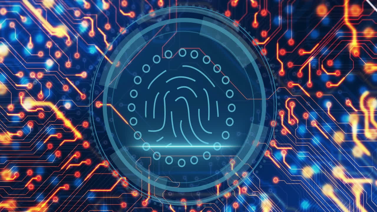 Fingerprint animation on digital circuit board with glowing red and blue lights