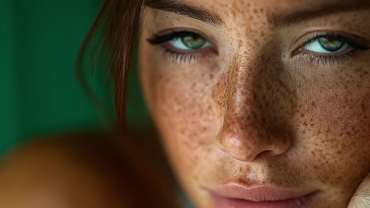 Captivating Close-Up of a Freckled Woman's Face with Striking Green Eyes, Evoking Emotions and Intimacy in Atmospheric Lighting