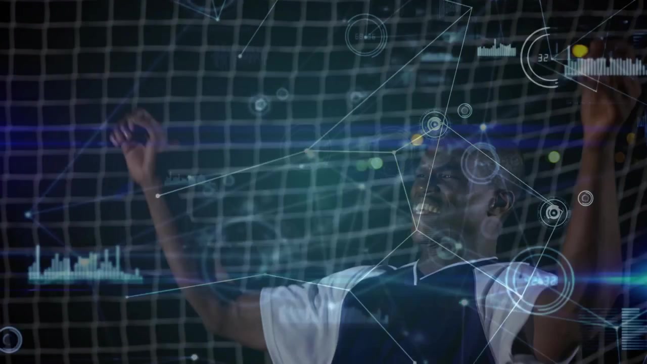 Vertical video: Male player reacting to ball entering left to meet, leaning, heading with analytics