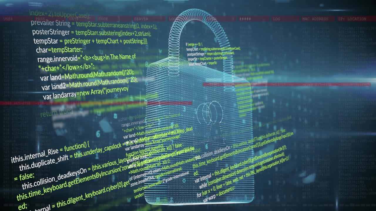 Animation of padlock and digital data processing over computer servers