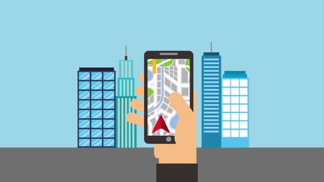 mano con teléfono móvil gps navegación flecha ciudad de destino
