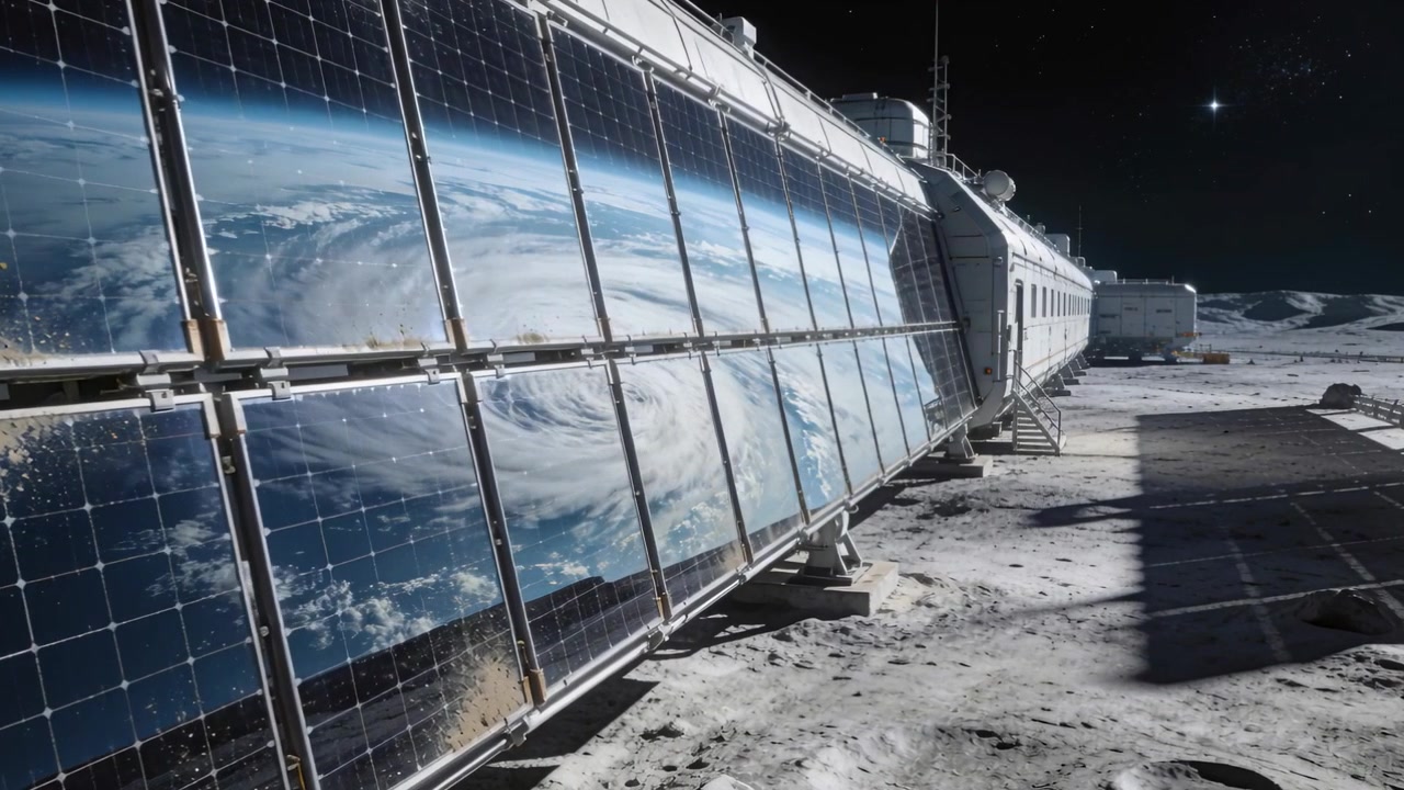 Telecamera in movimento che rivela un pannello solare e un habitat con un rover sulla superficie lunare che riflette la Terra.