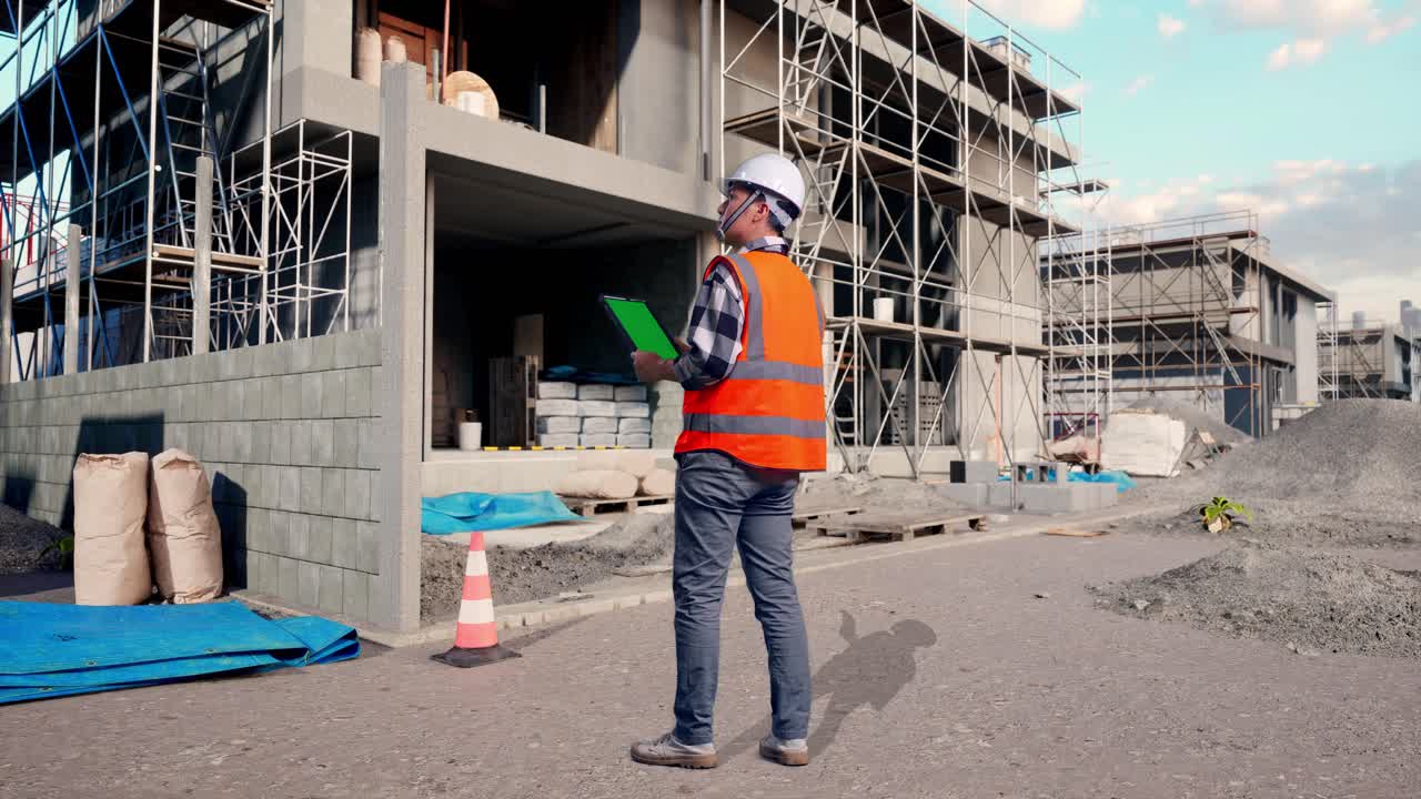 Full Body Back View Of Asian Male Engineer With Safety Helmet Working On A Green Screen Tablet And Looking Around While Standing At Building & Construction Site in Progress to New House