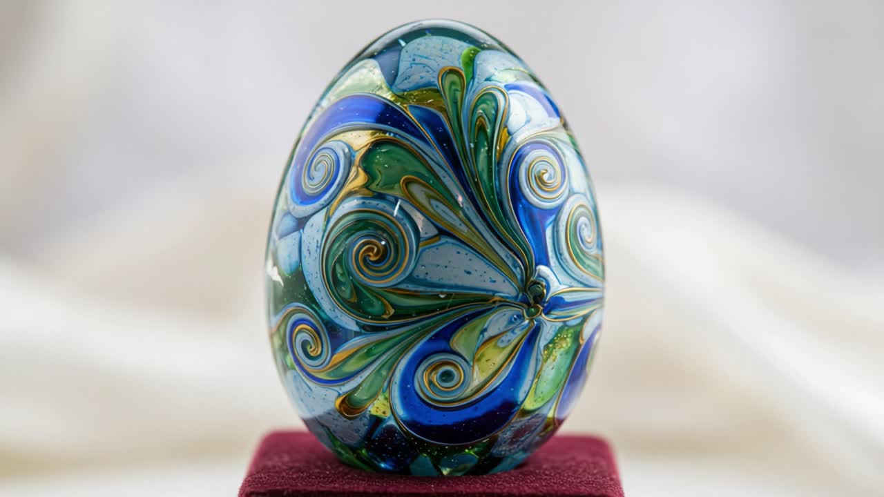 A Stunning Glass Egg Featuring Vibrant Swirls of Blue and Green, Showcasing Intricate Designs and Craftsmanship, Perfect for Art Lovers and Collectors Alike