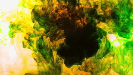 green and orange paint or dye dropped into water against white background to create swirling colourful smoke background 3