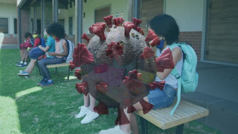 animación de las células de covid 19 escolares distanciándose socialmente usando máscaras faciales comiendo