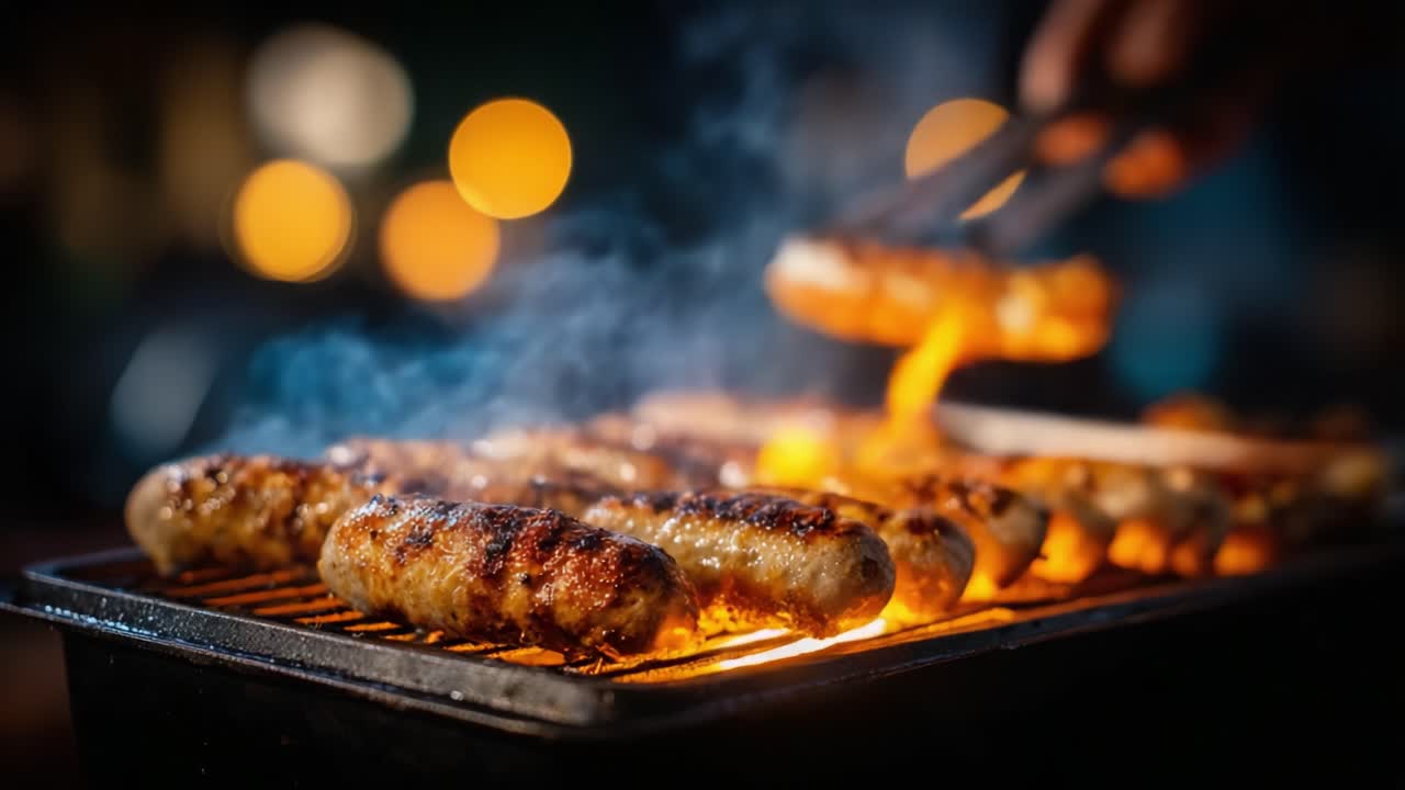 Primo piano di salsicce grigliate su un barbecue, che evidenzia l'atmosfera sfrigolante e affumicata e la superficie deliziosamente carbonizzata mentre le fiamme danzano intorno.