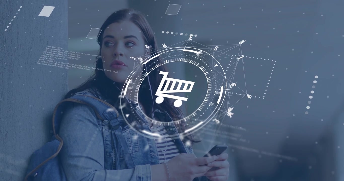 Mujer de mediana edad sosteniendo un teléfono, escaneando un pasillo, comprobando y activando una interfaz HUD de carrito de compras para el comercio minorista.