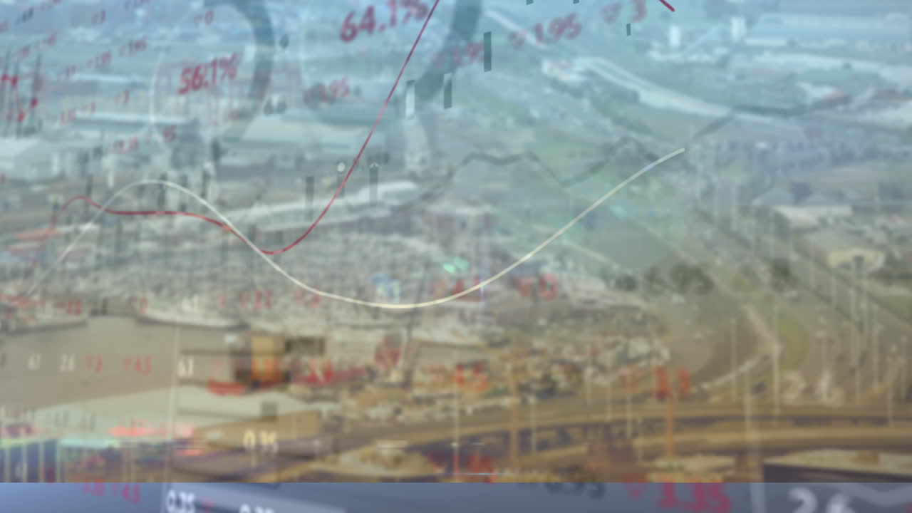 도시 풍경에 대한 통계 및 금융 데이터 처리의 애니메이션