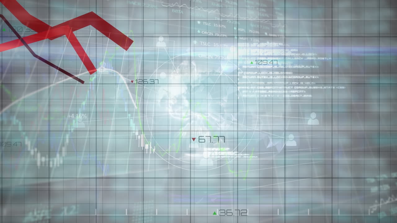Animation of financial data processing with red lines over globe and grid