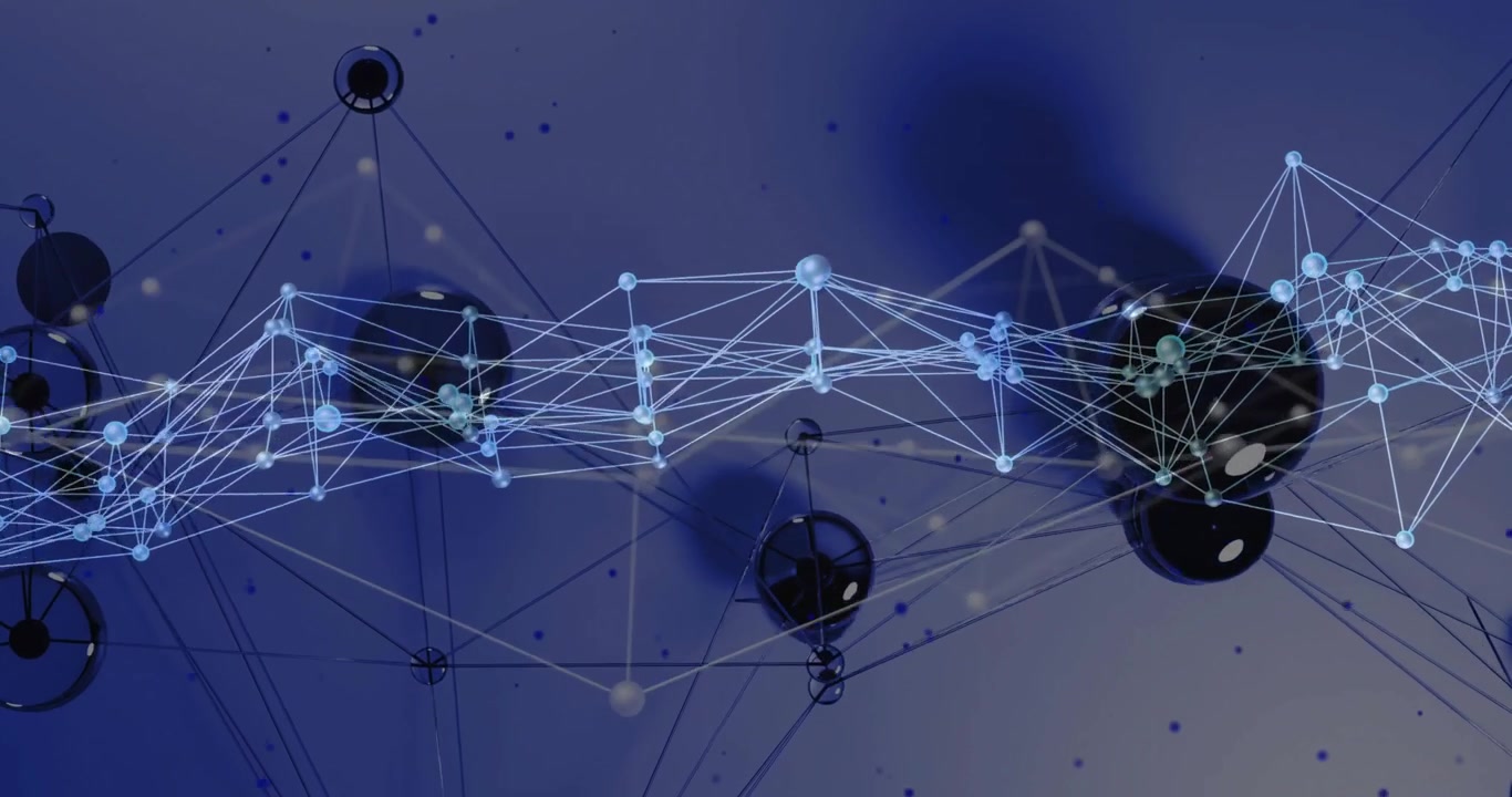 Interconnected nodes forming glowing wave across frame, showing 3D spheres linking by white lines