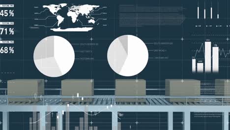 Statistical-data-processing-against-multiple-boxes-on-conveyor-belt-against-blue-background