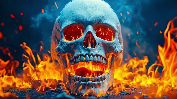 Un teschio tra le fiamme su uno sfondo blu scuro