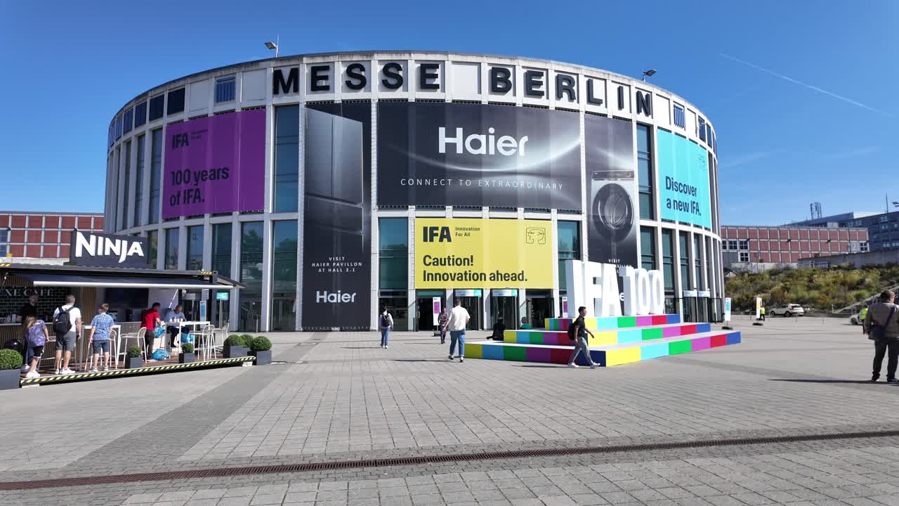 Exterior shot of IFA exhibition building with founder Messe sign, establisher