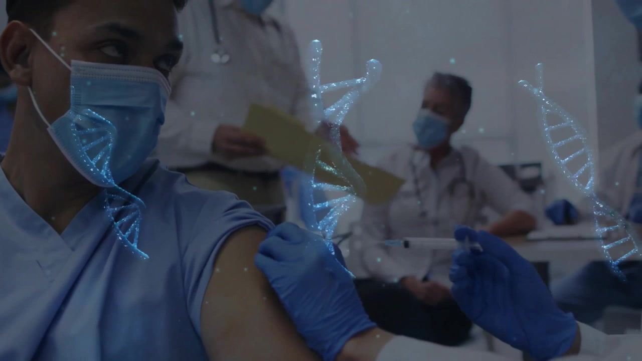 Patient lifting arm, nurse swabbing arm and injecting vaccine, immunizing patient with DNA graphics