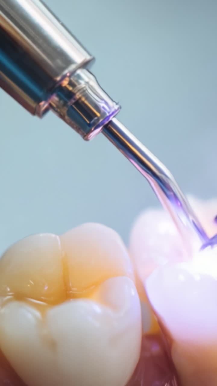 Dental Treatment Underway with Advanced Equipment: A Close-Up View of a Dental Handpiece Applying Light Curing to Teeth for Filling Restoration Procedures