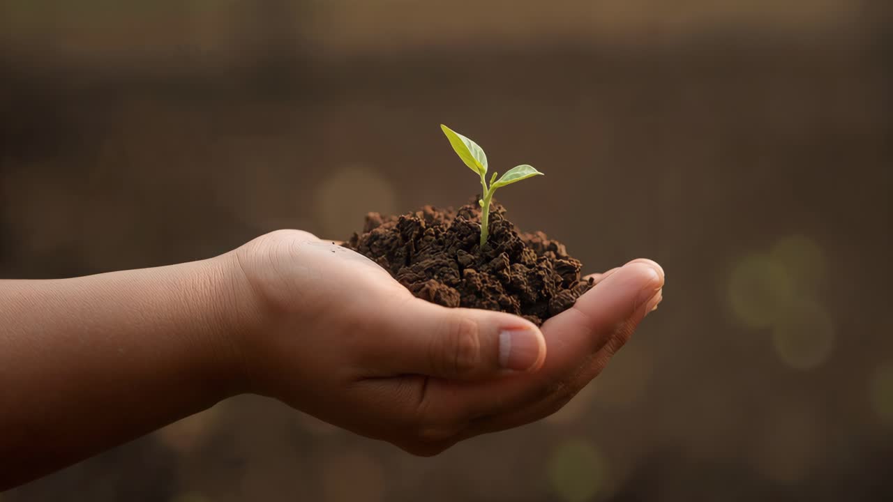 Una piantina che cresce nel terreno tenuta in mano