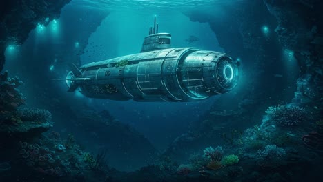 a mysterious submarine navigates through a stunning underwater cave, surrounded by vibrant coral and illuminated by mysterious glowing lights