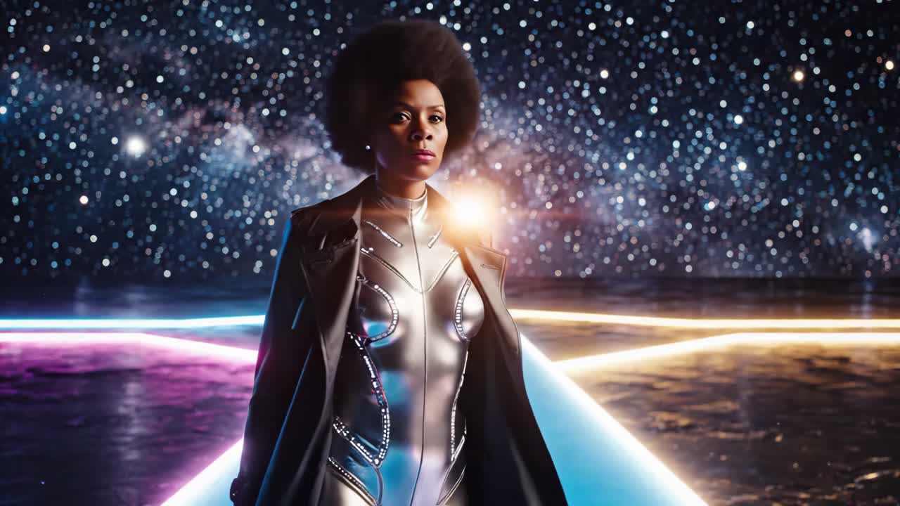 Futuristic African American Woman in Silver Bodysuit and Trench Coat