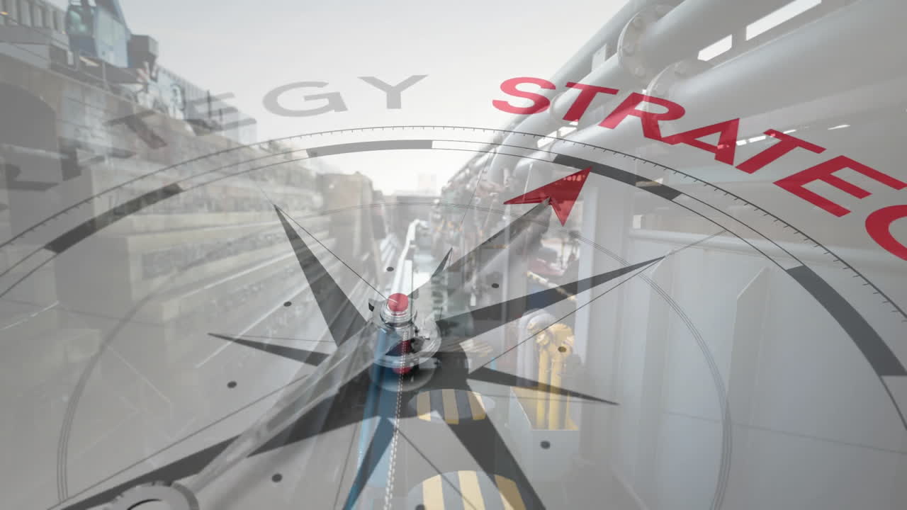 산업 기계 위에 전략 텍스트를 가리키는 화살표를 가진 나침반의 애니메이션