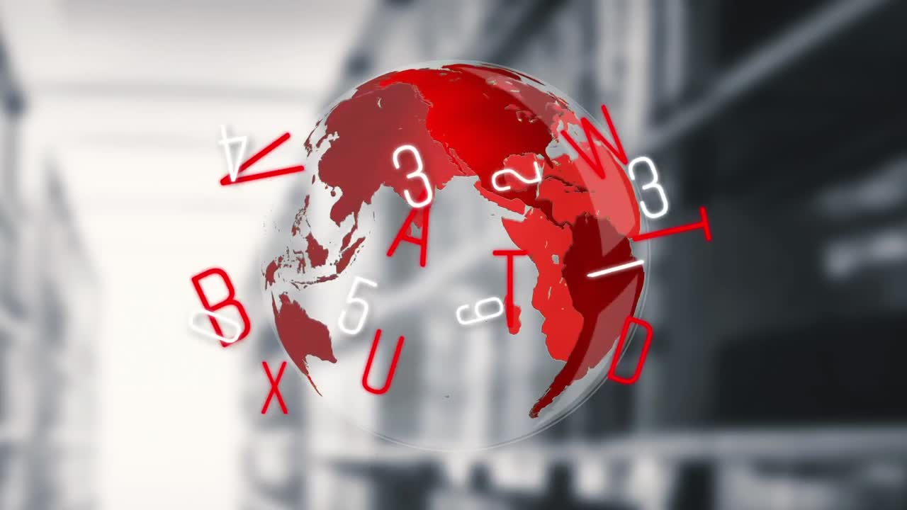 학교 도서관에 대해 회전하는 지구를 가로질러 변화하는 숫자의 디지털 구성