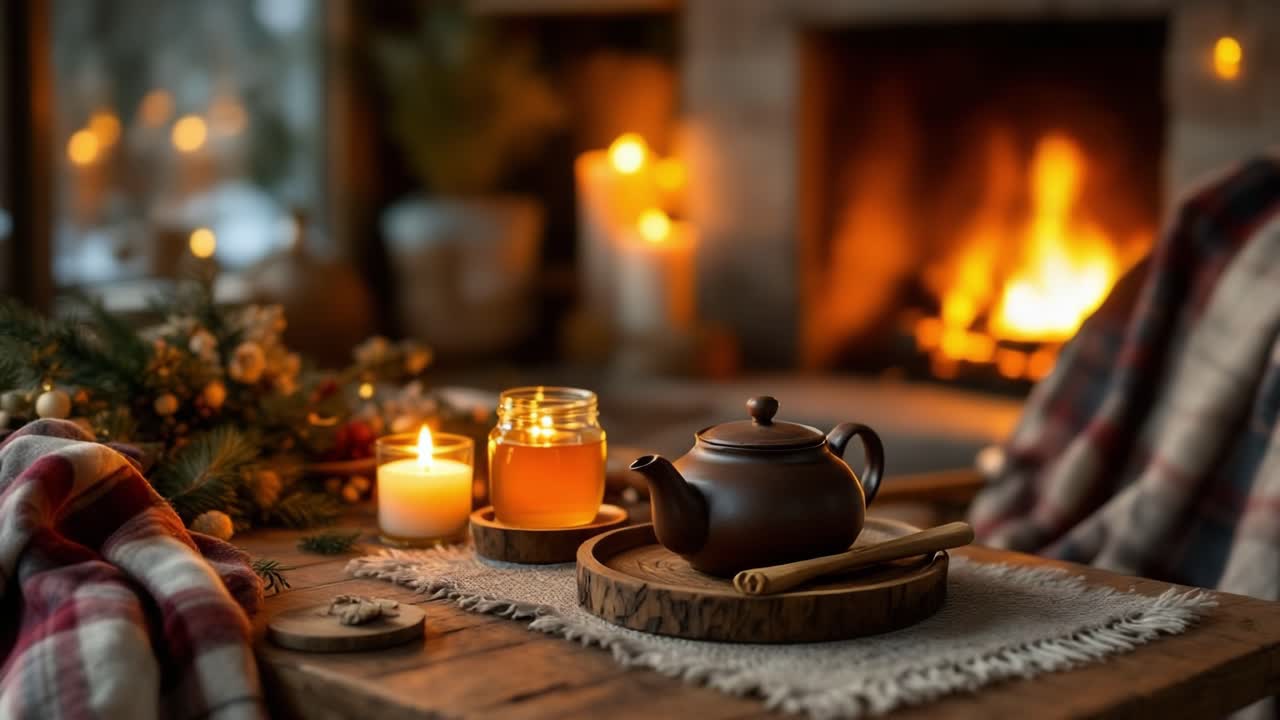 Warm and inviting scene featuring a teapot, honey, and lit candles on a wooden table in front of a fireplace, creating a cozy winter atmosphere
