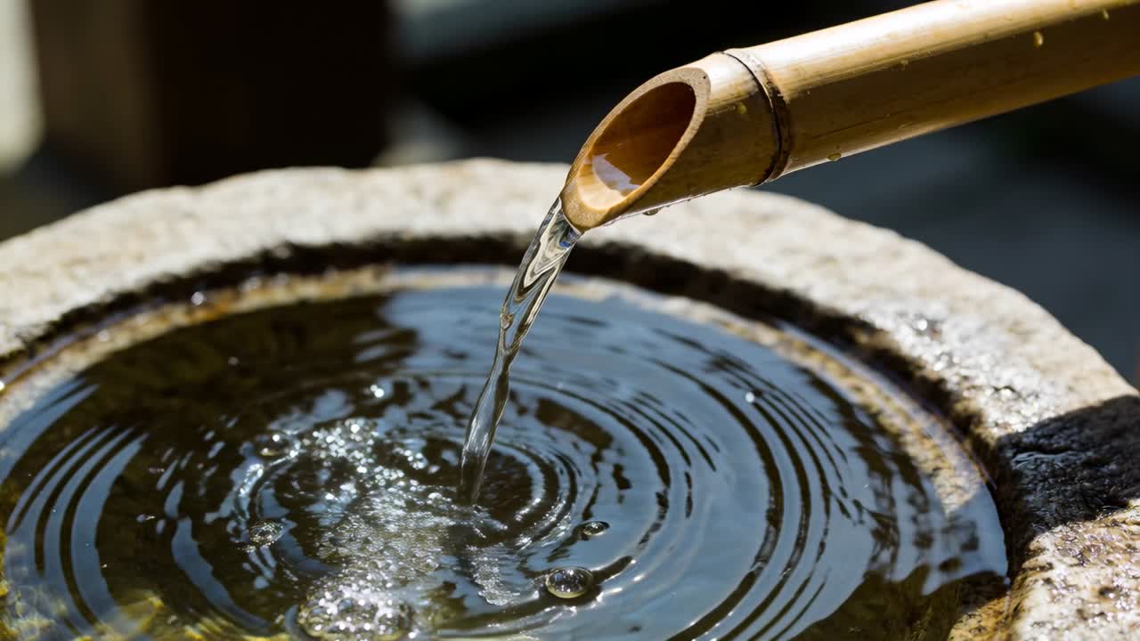 Đầu cắt vòi tre đổ nước tạo dòng chảy vào chậu đá trong vườn thiền, tạo ra những gợn sóng